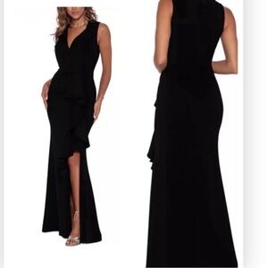 Betsy & Adam V-Neck Cascade Ruffle High-Low Gown Black, SIZE 6